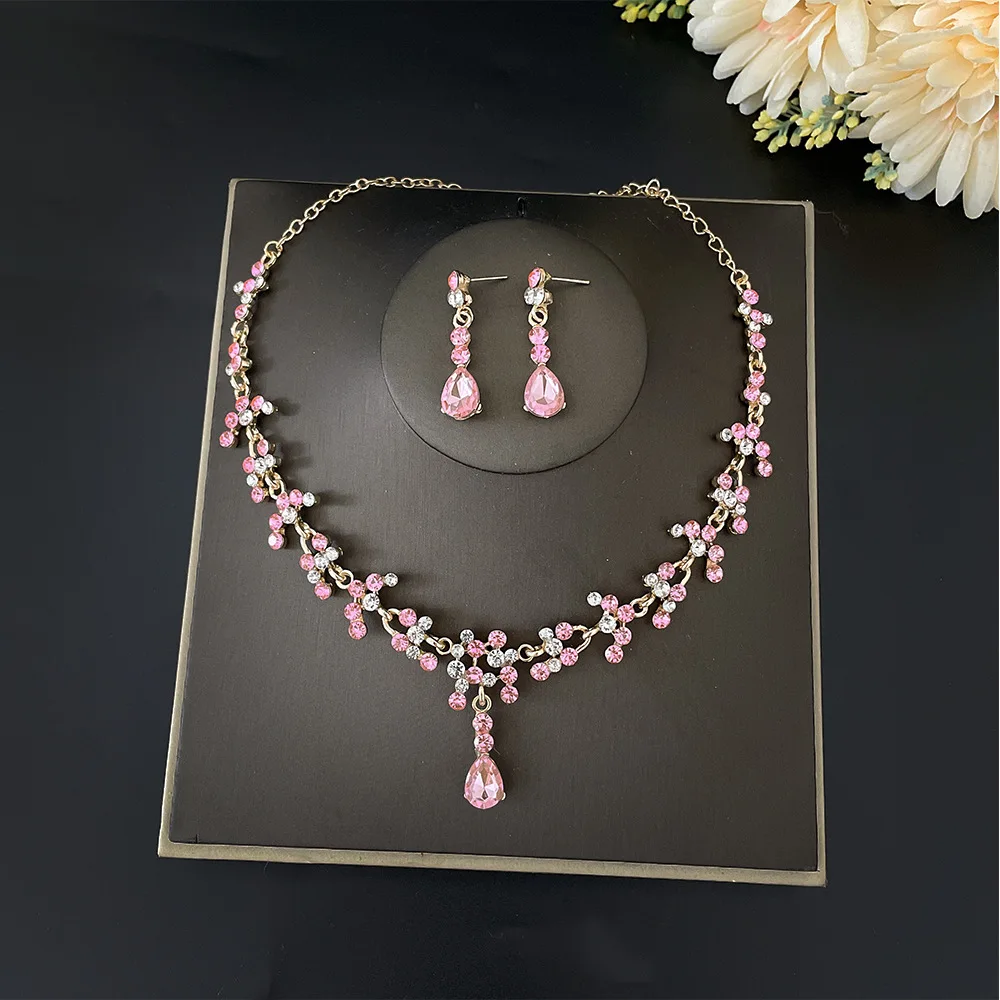 Baroque Pink Purple Crystal Bridal Wedding Jewelry Sets Women Gold Color Rhinestone Necklace Long Earrings Set Dress Accessories