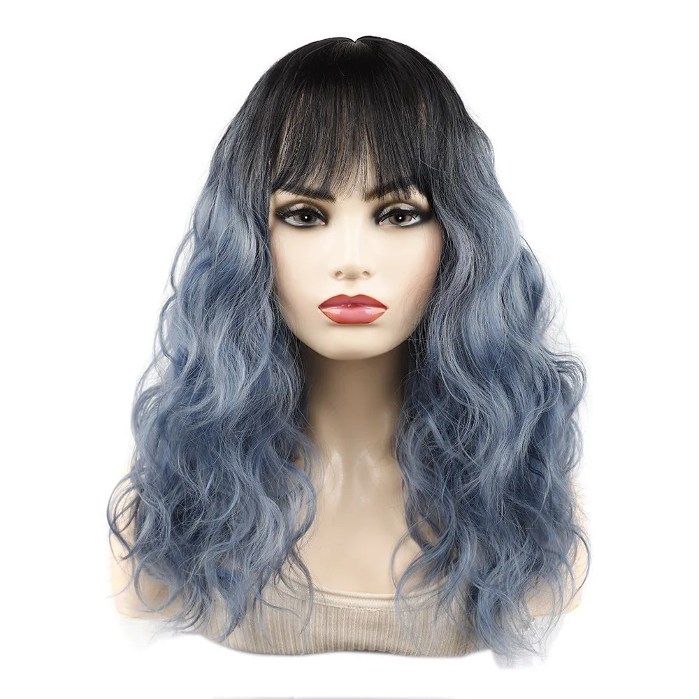 

Qi Liu Hai Curly Machenism Synthetic Wig Black Ombre Haze Blue High Temperature Fiber