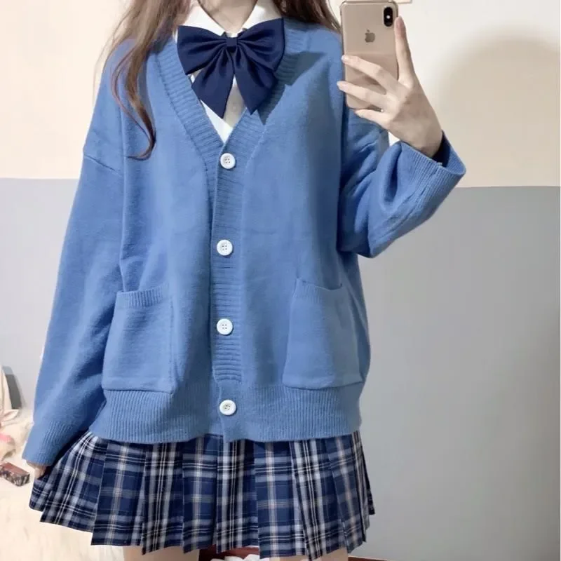 Japan School Sweater Spring Autumn V-neck Cotton Knitted Sweater College Style JK Uniform Cardigan 5 Color Student Girls Cosplay