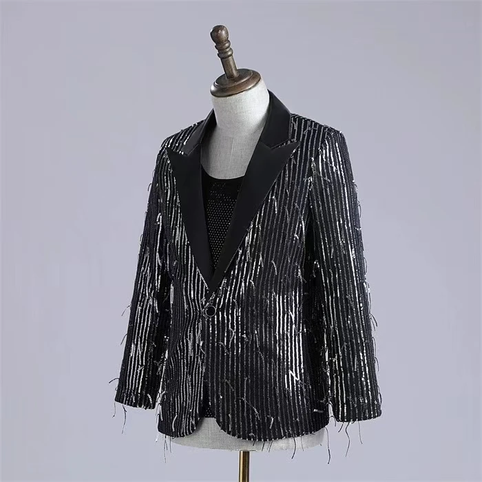 Cor bloqueio Tassel Sequin terno jaqueta, cantor masculino, equipe de dança, palco desempenho roupas, banquete anfitrião traje