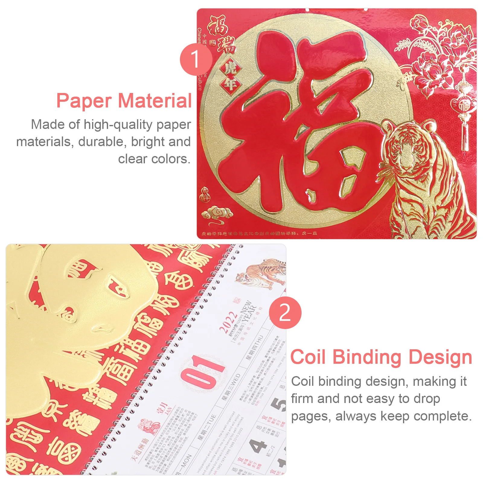 

2pcs Tiger Year Wall 2022 Traditional Chinese Home Use Coil Binding For Office Wall Hanging 2022 Year Calendar High