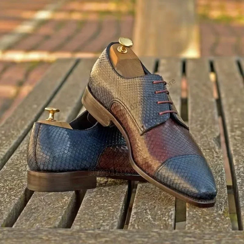 

Mixed Color Lychee Print Strappy Men Derby Shoes Fashion Lace Up Men Shoes Luxury Handmade Party Banquet Office Men Dress Shoes