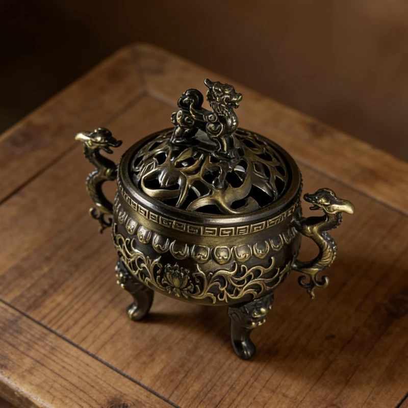 Large Three Legged Kirin Dragon Censer Antique Copper Finish Home Plate Incense Burner Creative Desktop Aroma Decor Ornament