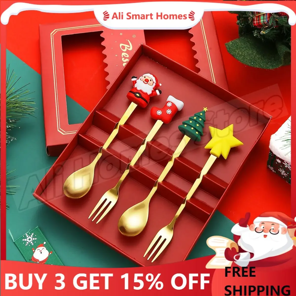 

Christmas Stainless Steel Cutlery Set Dessert Spoon Forks Christmas Gifts Elk Christmas Decoration 4Pcs Coffee Spoon Cutlery Set