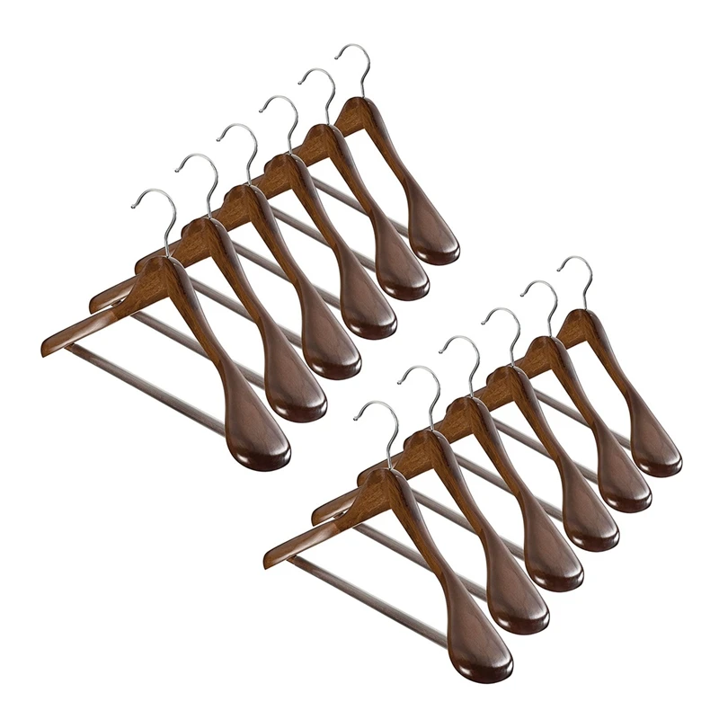 Wide Shoulder Wooden Hangers 12 Pack With Non Slip Pants Bar - Smooth Finish Solid Wood Suit Hanger Coat Hanger