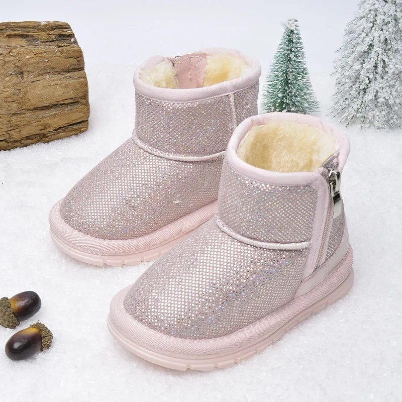 Winter New Bright Side Zipper Children Snow Boots Rubber Soft Bottom Warm Low Top Baby Cotton Shoes 방한화 Сапоги מגפיים ブーツ 스노우부츠