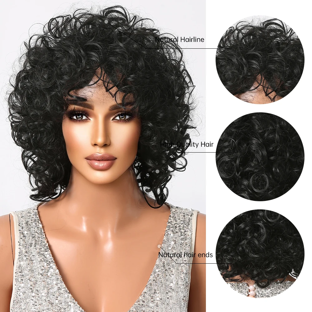 Dark Black Synthetic Kinky Curly Wigs with Bangs Short Afro Curl Bomb Fluffy Wigs for Women Brizilan Daily Party Heat Resistant