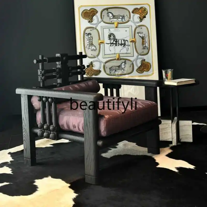 

Black Solid Wood Sofa Chair Living Room Club Lounge Chair New Japanese Style Homestay Vintage Solid Wood Reception Chair