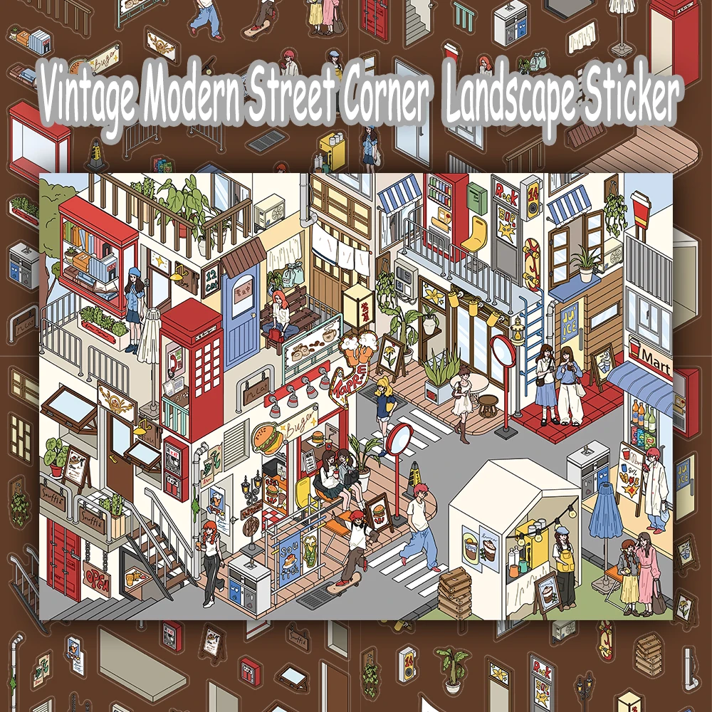

Cartoon Fun Street View Corner Scene PET Landscape Stickers Creative Fun Road Shop Telephone Booth Decorative Sticker