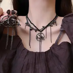 2025 New Goth Necklace for Women Girls Punk Clavicle Chain Choker Gothic Rose Crow Charms Necklace Sets for Cosplay Party Gift
