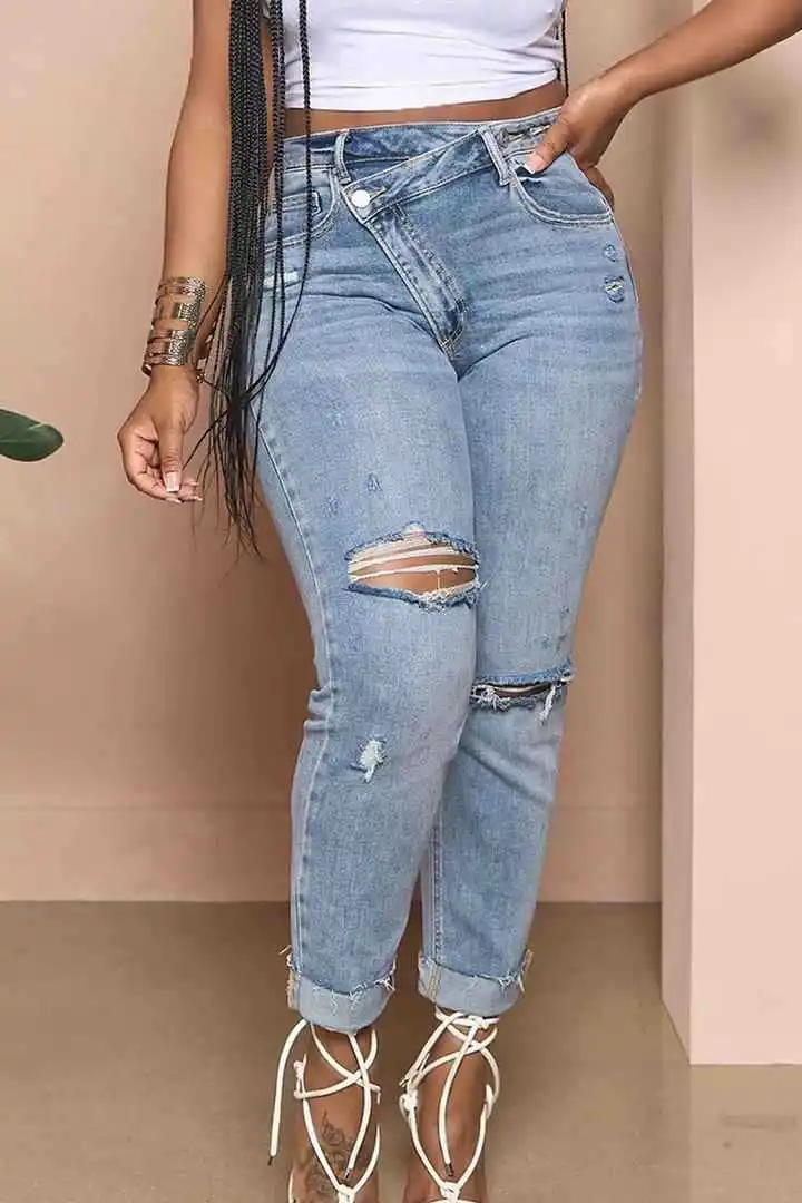 Women Jeans Washing Pencil Pants Holes Denim Full Length Slim Fit Pockets Zipper Fly High Street Spring Solid Slight Strech