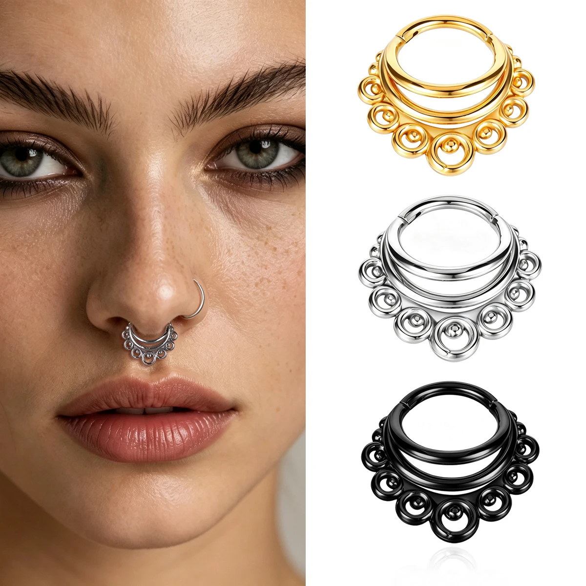 Doearko 1Pc Multi-circle Hinged Septum Clicker Ring, 316L Stainless Steel Hypoallergenic Click Closure Nose Hoop, Piercing Jewel