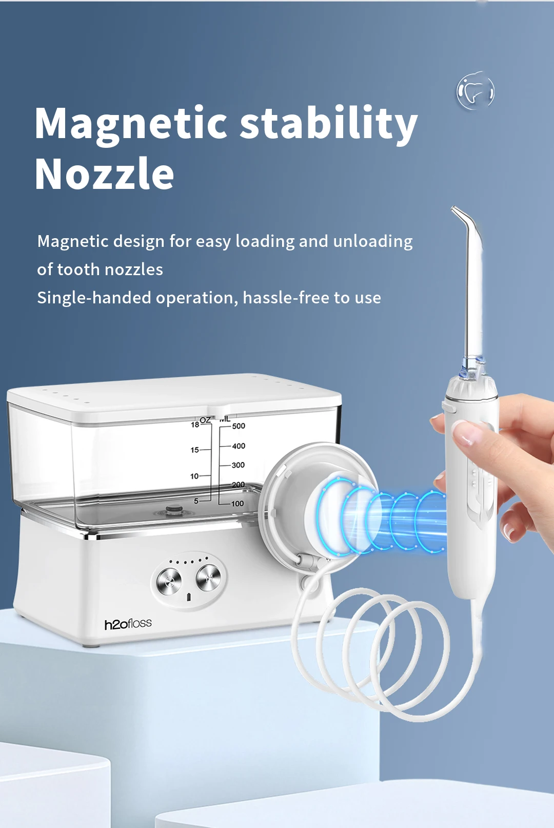 H2ofloss 570ML Wasserflosser Munddusche, 6 Modi 140PSI Hochdruck 2500mAh Tragbarer Tischgerät mit Klappbarem Tank zur Aufbewahrung – Detail 4