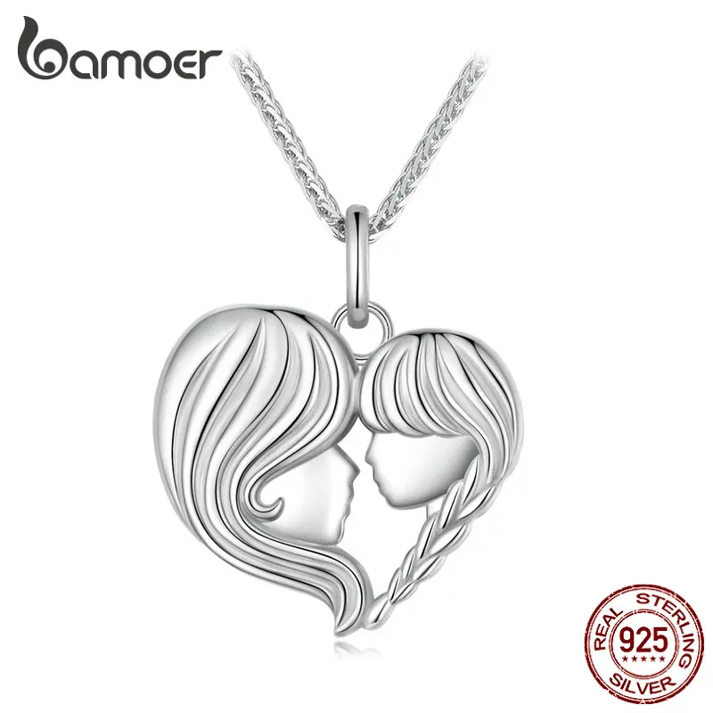 Bamoer 925 Sterling Silver Mother and Daughter Heart Shape Pendant Necklace for Women Birthday Mother's Day Gift Fine Jewelry