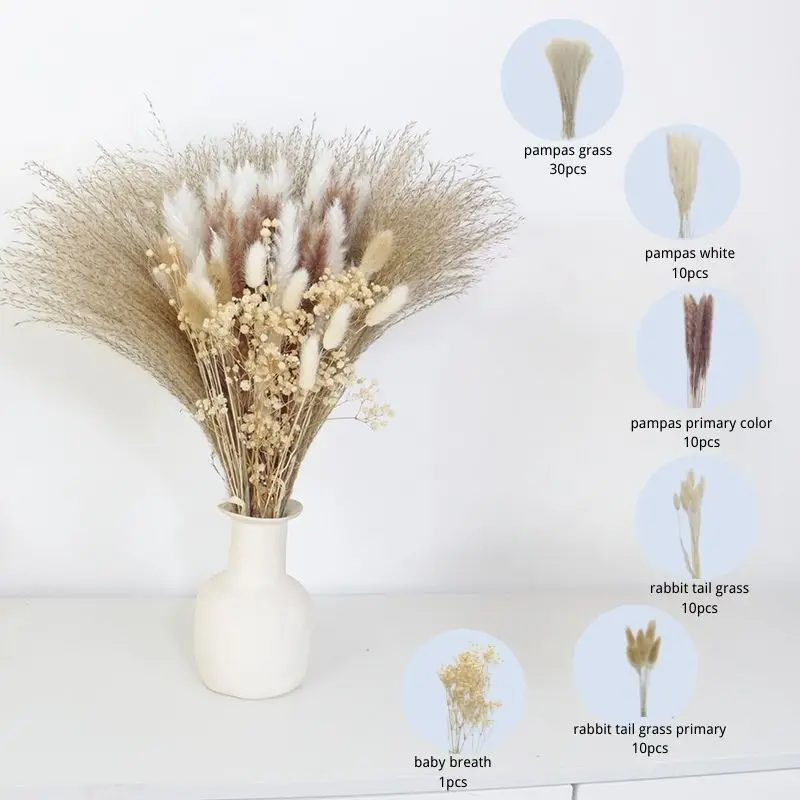 

80Pcs Natural Dried Fluffy Pampas Grass Bouquet Set Boho Home Decor Pompous Grass Large Reed Bunny Tail Stalk Decorative Flowers