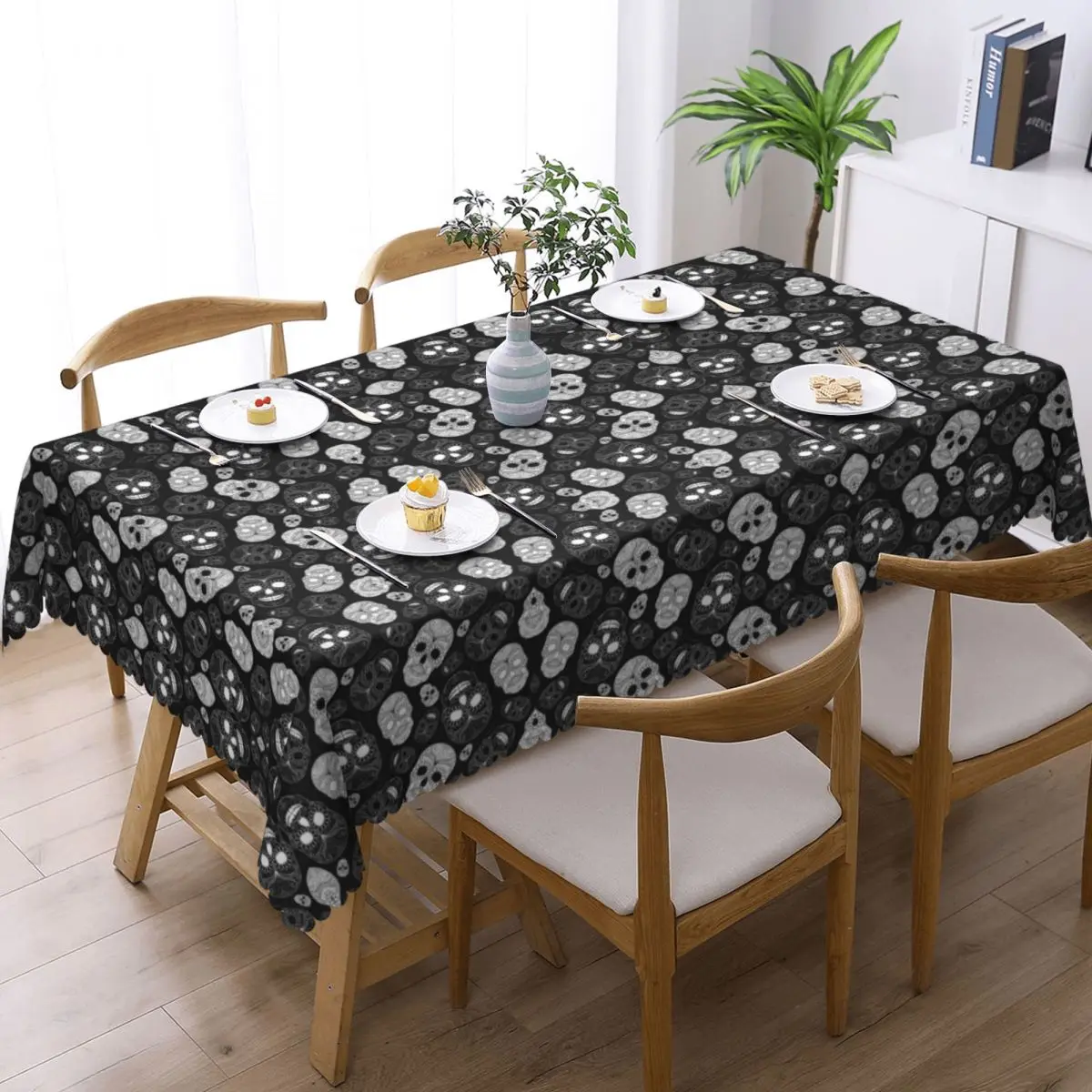 Rectangular Oil-Proof Sugar Skulls Black And White Tablecloth Table Cover 40