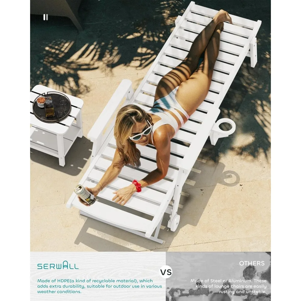 Espreguiçadeira externa ajustável, 78 longas HDPE 5 posições espreguiçadeira de pátio com rodas giratórias, material poli para relaxar confortável
