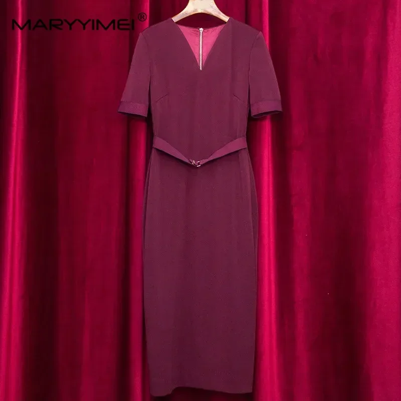 MARYYIMEI Pista di Moda Estate Solido Abito da Donna Elegante Manica Corta con Scollo a V Sottile Pacchetto Glutei Abiti Vestdios XXL