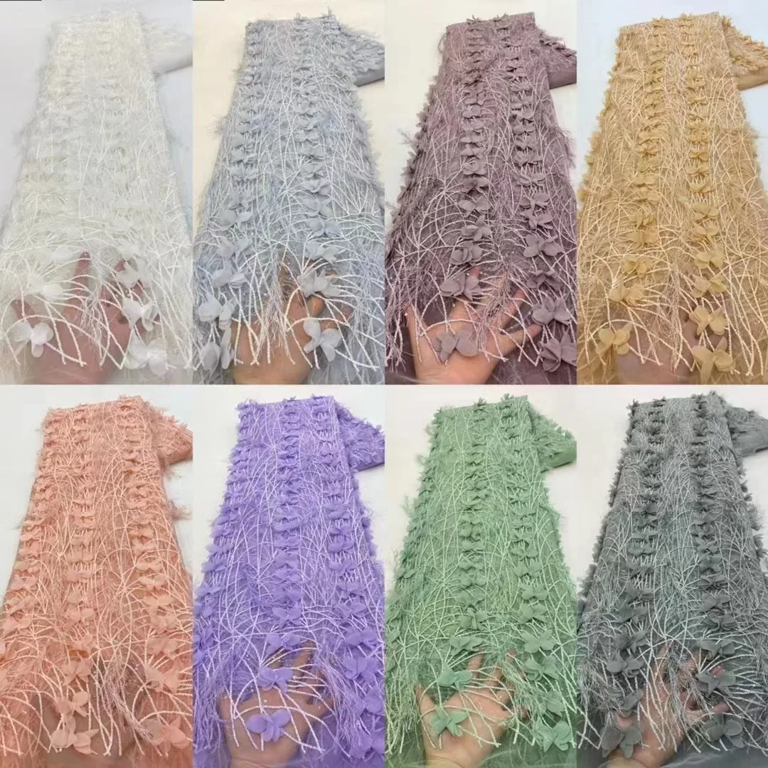 

Luxury African Heavy 3D Flower Lace Fabric 2024 High Quality 5 Yards Nigerian Sequins Tulle Lace Fabric Material For Wedding