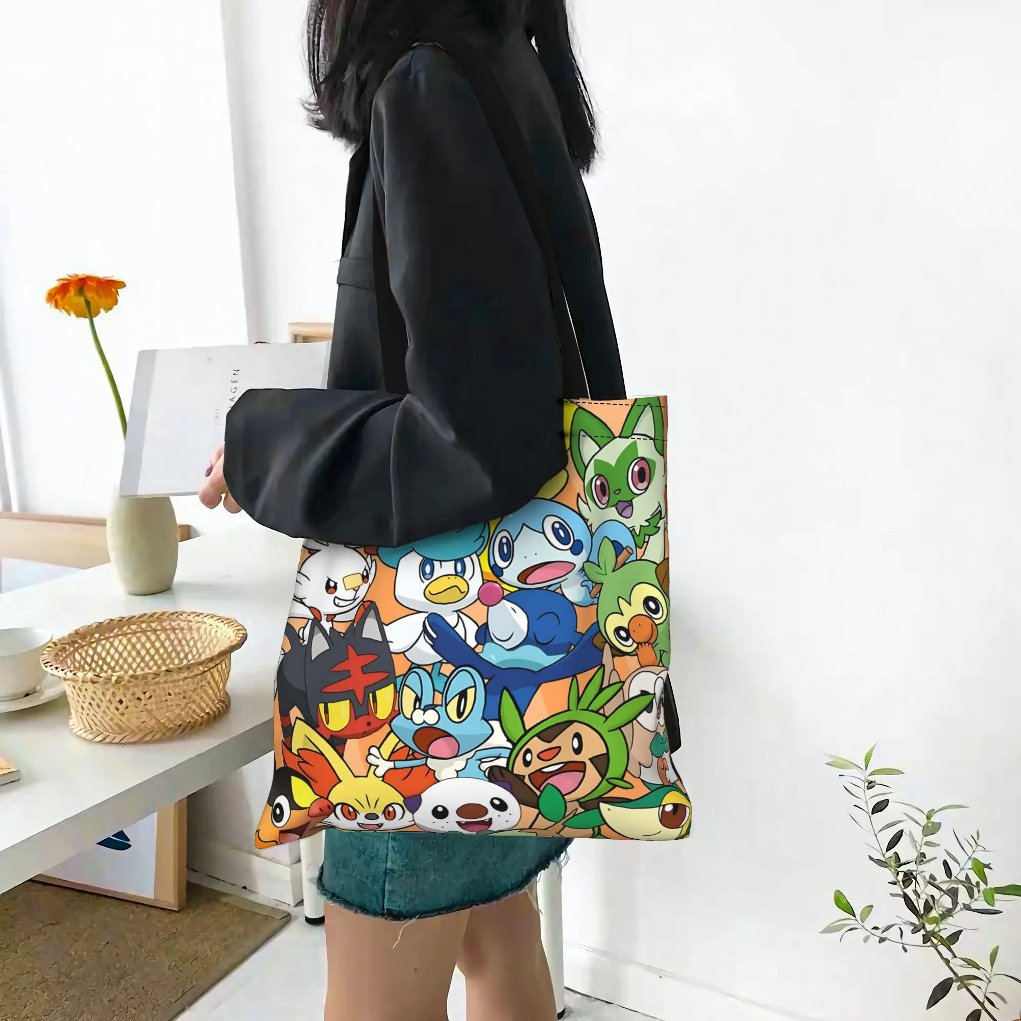 Customized Pokemon All Character Collage  Women's Bag Shopping Bag Reusable Double Sided Canvas Tote Bag Shoulder  Handbag