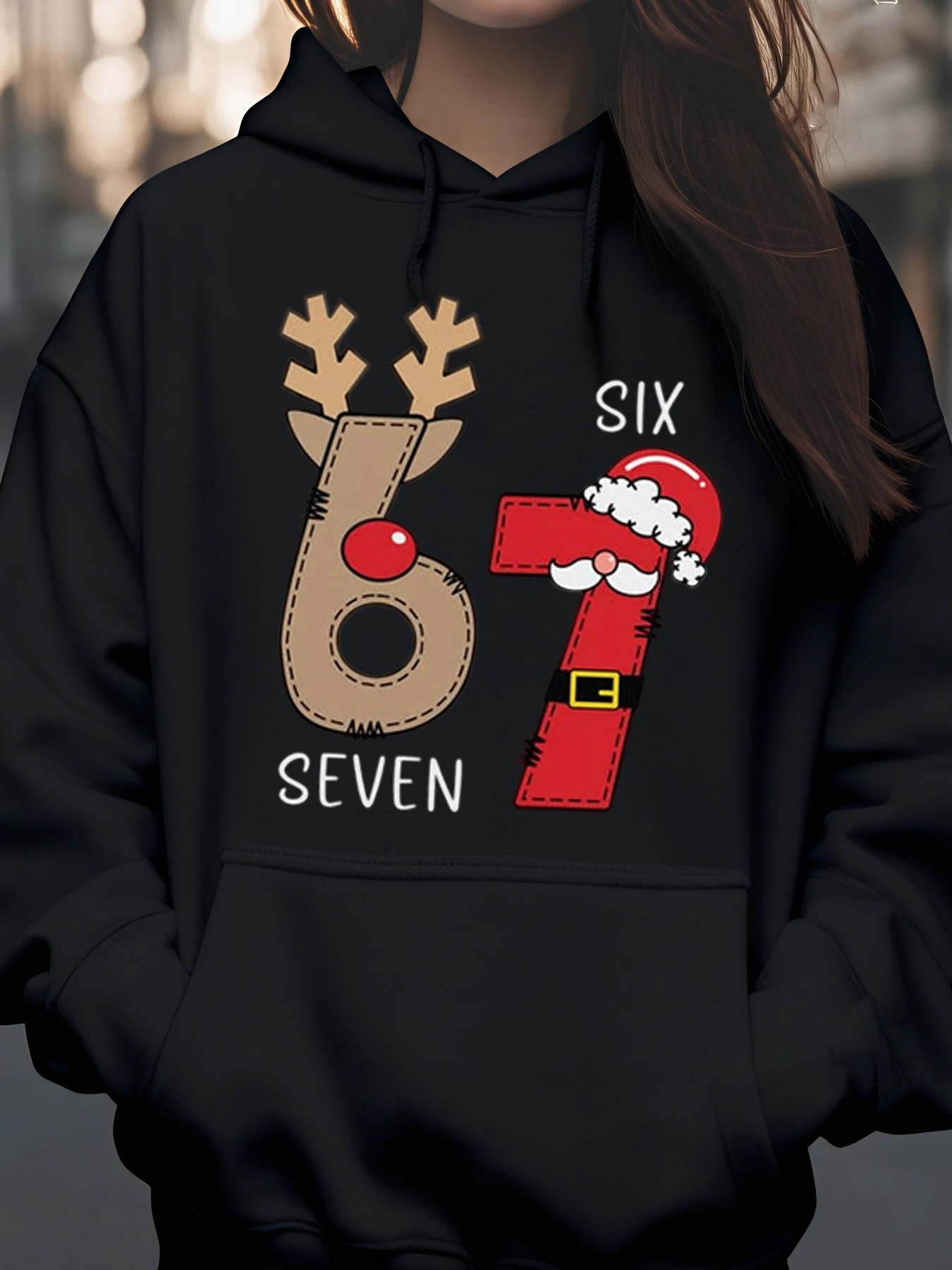 

Рождественская толстовка с капюшоном «Олень и Санта-Клаус» и номером шести и семью, праздничная одежда для женщин