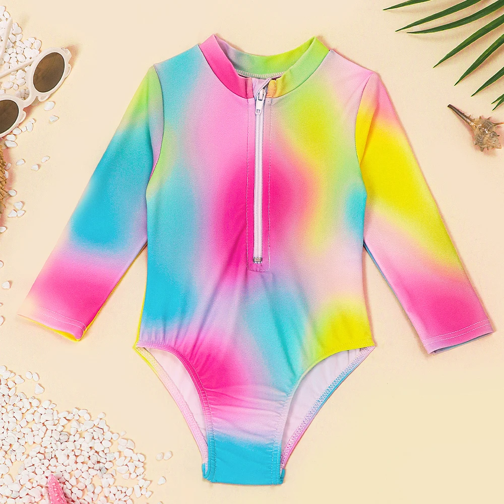 Toddler Baby Girls One Piece Swimsuits Kids Long Sleeve Jumpsuit Tie Dye Bathing Suit Swim Shirts Summer Beach Wear