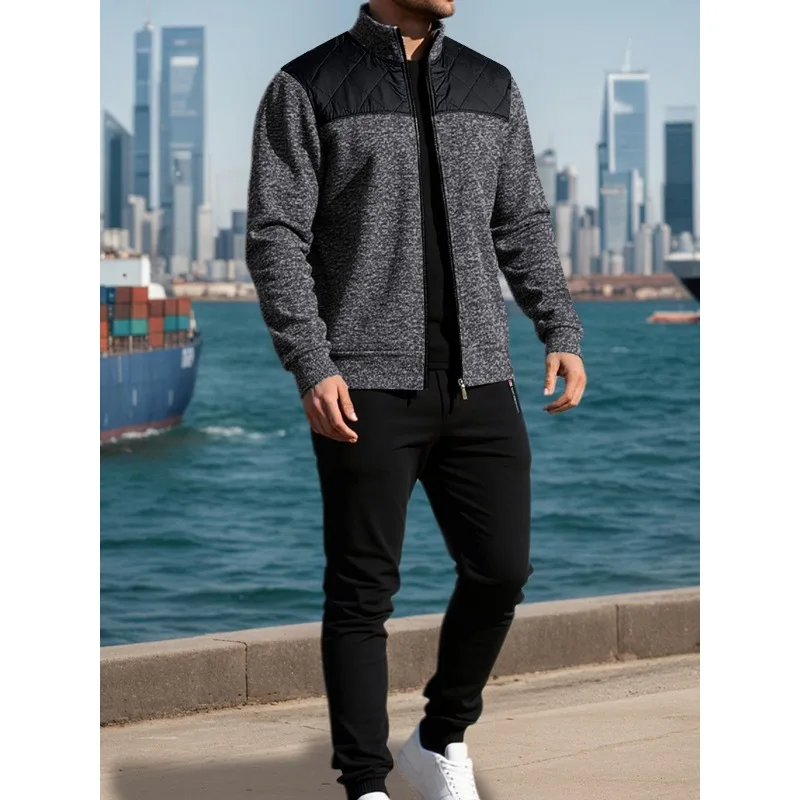 

New Men's Sweater Men's Autumn and Winter Splicing Sweater Men's Zipper Cardigan Set
