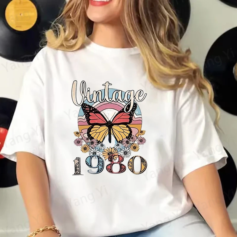 New Retro 1980 Butterfly Print Print Tshirt Unisex Casual Short Sleeve T-shirt Women Fashion Daisy Graphic Print Top Tee Shirts