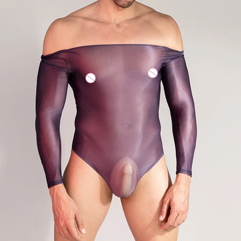 Body transparente brillante al óleo para hombre, lencería erótica, alta elasticidad, Tanga, leotardo, mono de manga larga, ropa seductor