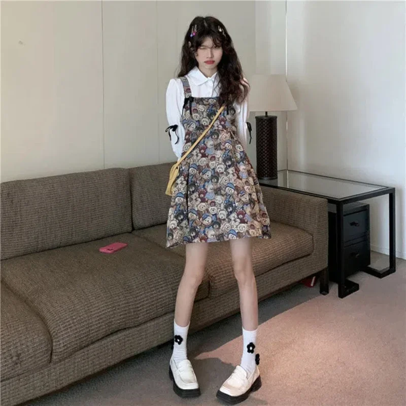 ドレス、ボウシャツ、ツーリトルベアストラップスカート、スイートニューロングスリーブセットデザイン