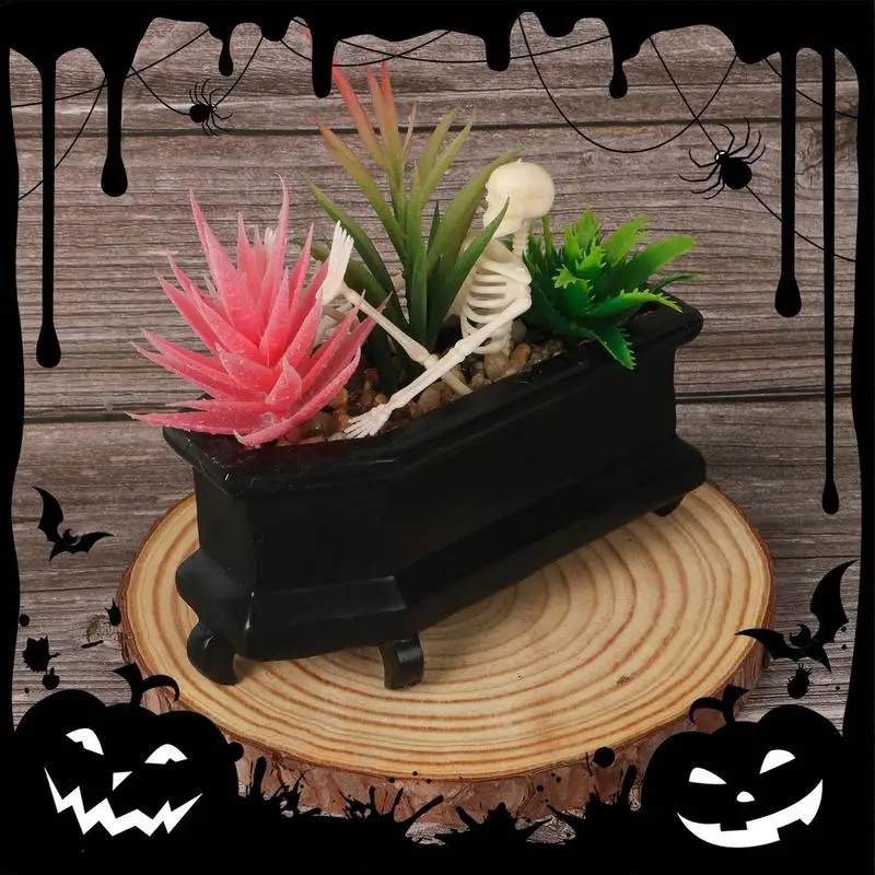 Skull Fake Plant Coffin Small Fake Succulents Plants Skeleton In The Coffin Shelf Decor Desktop Props For Home Bedroom