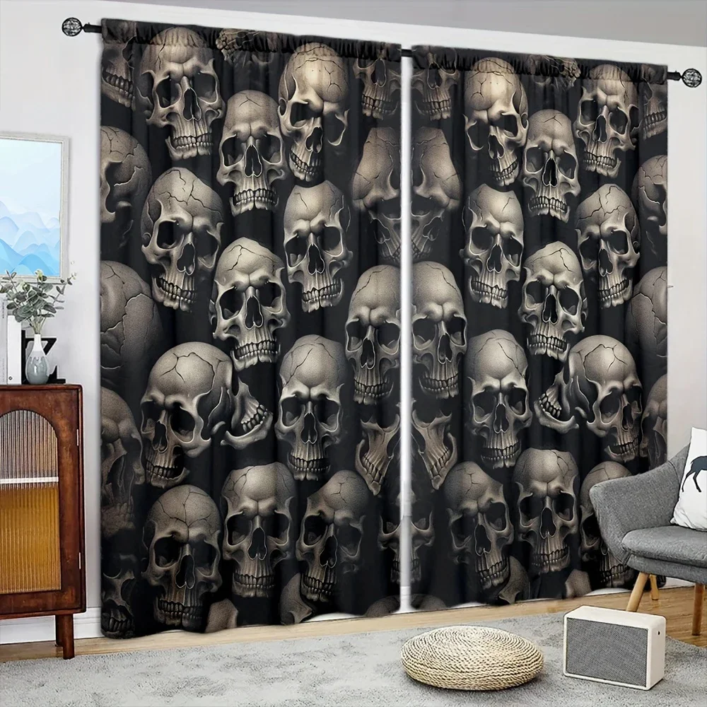 2pcs Skull Printed Curtain for Home Decor - Rod Pocket Window Treatment for Bedroom, Office, Kitchen, Living Room, and Study