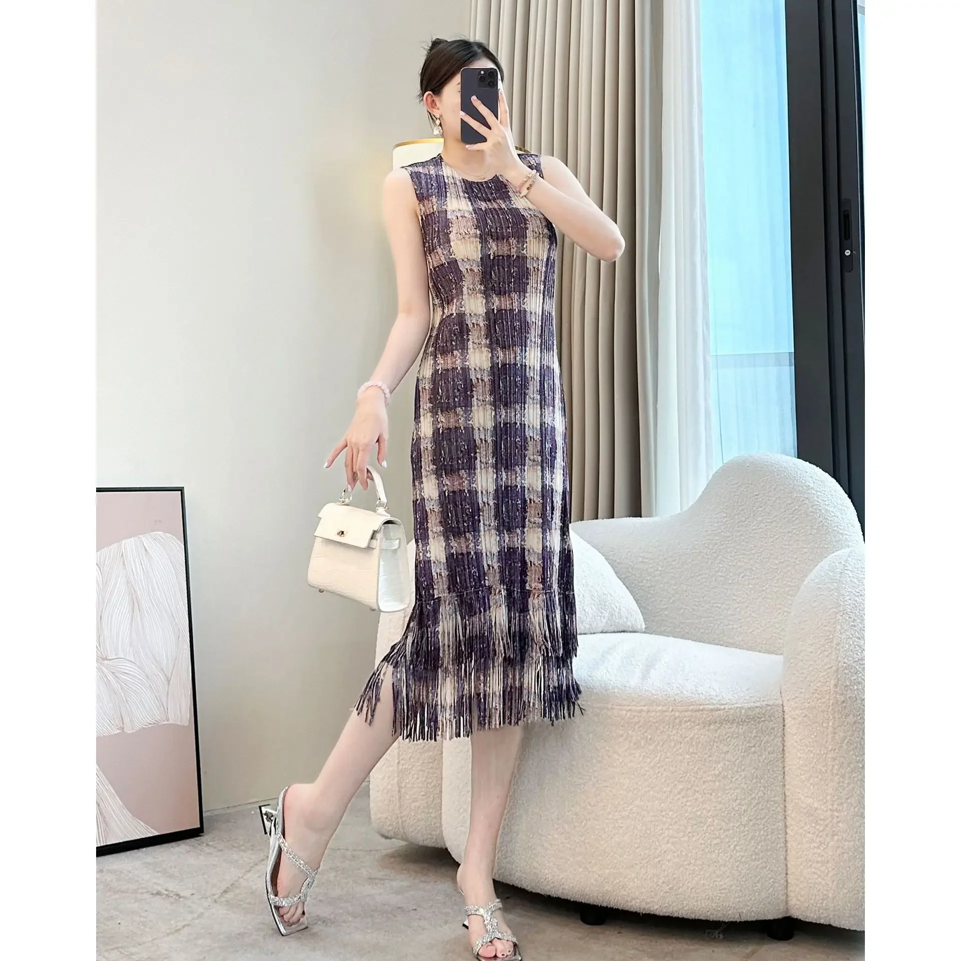 

Miyake Style Pleated Dress for Women 2025 New Plaid Printed Round Neck Sleeveless Loose Large Size Elegant Tassel Pleated Skirt