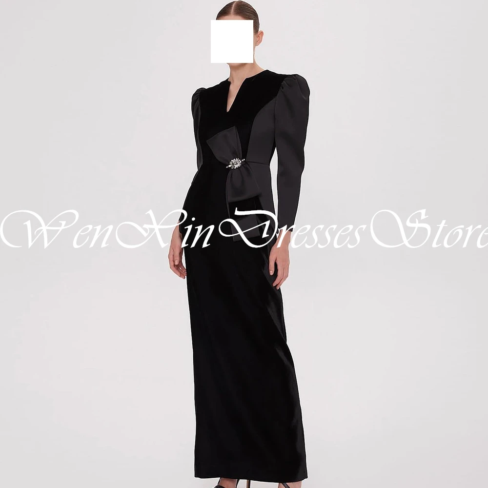 Formal Women Bow Black V-Neck Straight Back Silt Ankle Length Crystal Dresses for special occasions Pleats Saudi Arabia 2024