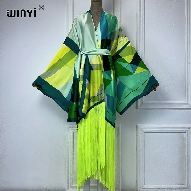 

WINYI kimono boho summer dress beachwear summer bohemian print Bikini Cover-up Cardigan sexy Holiday long Sleeve tassels dress