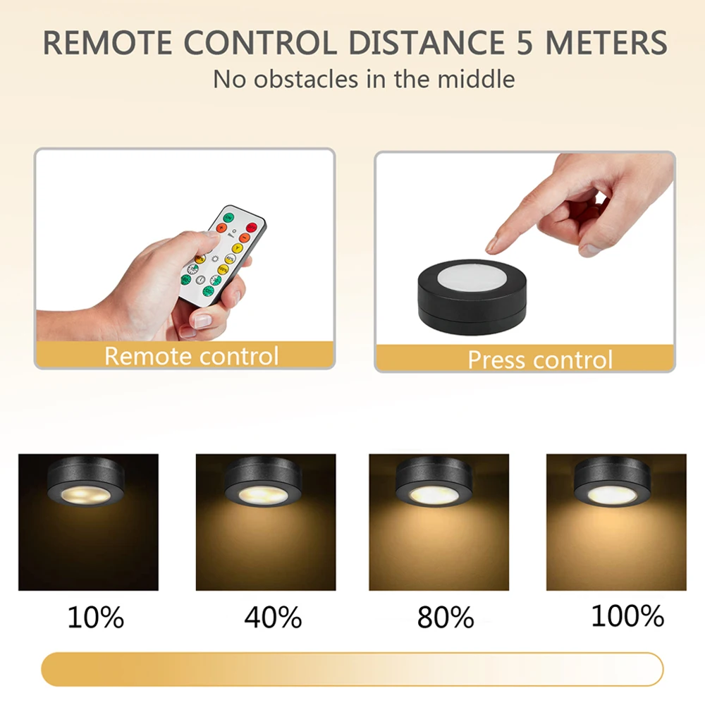 Luz LED redonda CCT para debajo del armario, lámpara regulable de 1 a 6 piezas, color negro, Blanco cálido, 3000-6500K, con Control remoto