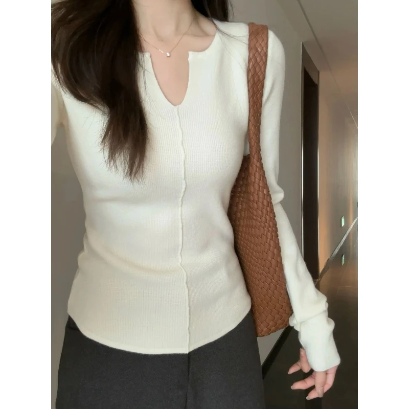 

Y2K свитер с v-образным вырезом, женский вязаный топ, облегающий топ, ранняя весна, осень, зима, стильный