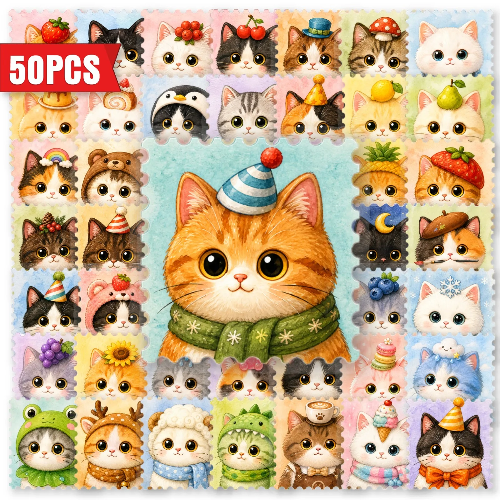50 Pcs Cute Kitten Transparent PET Stickers, Cartoon DIY Decor for Multi‑Surface Crafts