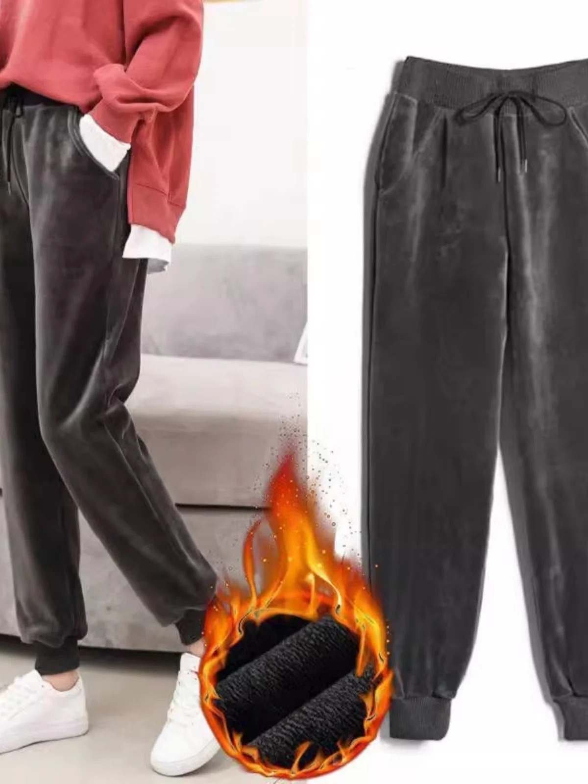 Pantalon de sport taille haute doublé en velours pour femme, ample, Harlan, chaud, grande taille, pour étudiante, automne et hiver