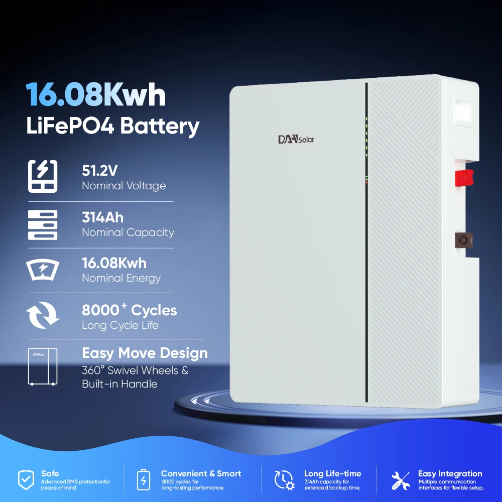 Home Storage Wall-mounted Lithium Battery DAH 16kWh 314Ah 51.2V Home Energy Storage Residential Battery Wall-Mounted