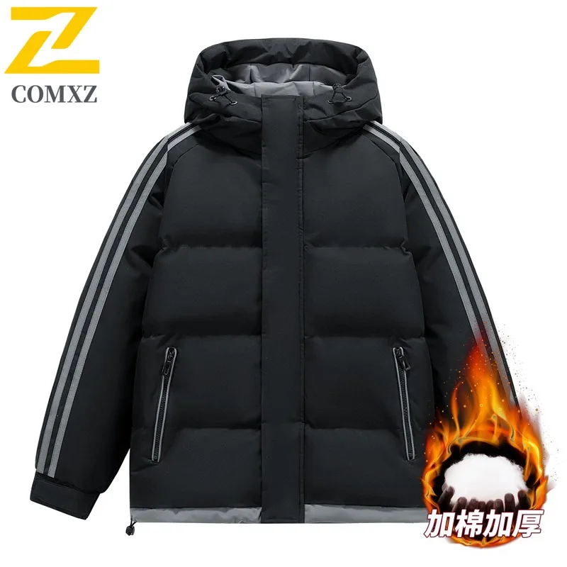 COMXZ 2025 Mens Autumn Hooded Jacket American Style Fashion Casual Plus Size Outdoor Sports Windproof Down Cotton Padded Coat