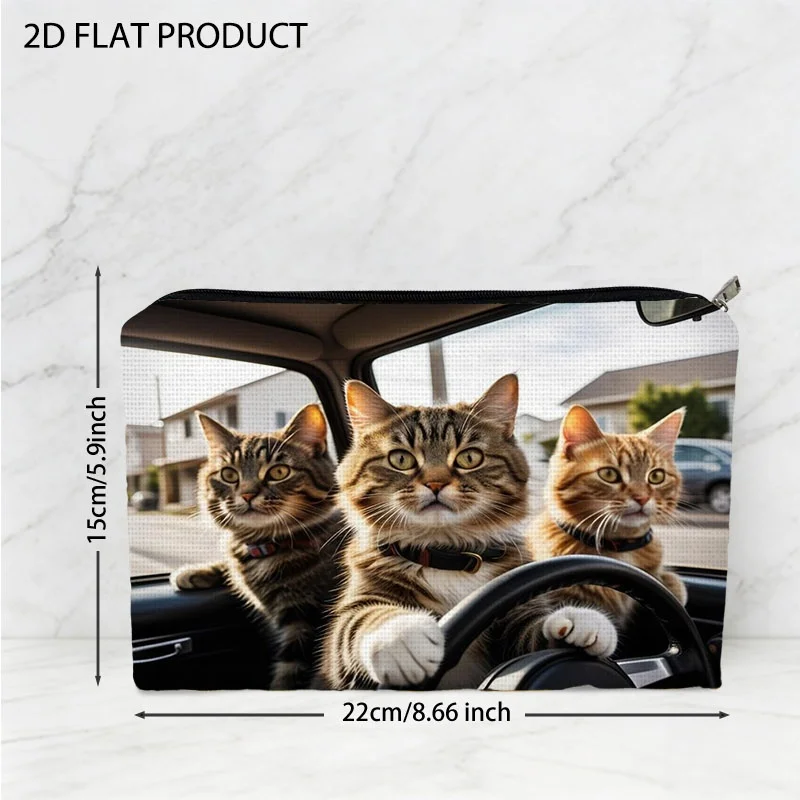 Funny Three Cats Driving Car Print Double-sided Cosmetic Bag,Portable Storage Organizer for Travel & Daily Use