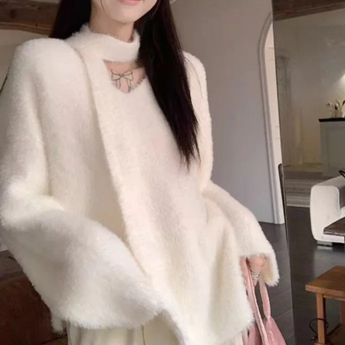 

2025 Autumn Winter New Women's Clothing Sweater Mink Cashmere Velvet V-Neck Solid Pullover Knitted Large Size Tops CQ402