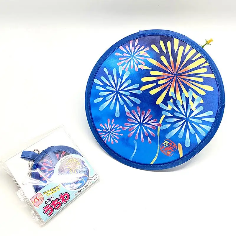Foldable Round Hand Fan Bright Colorful Prints Portable Hanging Chain Compact Cooling Fan for Outdoor Sports Watching