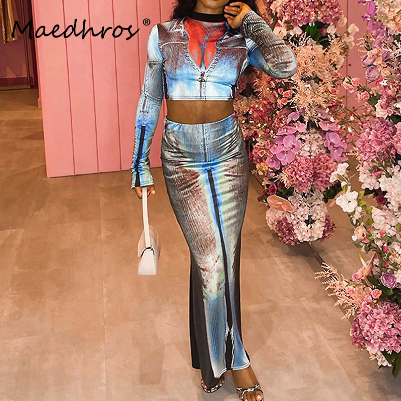 

Tie Dye 2 Piece Matching Sets Long Sleeve Sexy Crop Top Midi Skirt Winter Women Fashion Streetwear Dress Nightclub Party Outfit