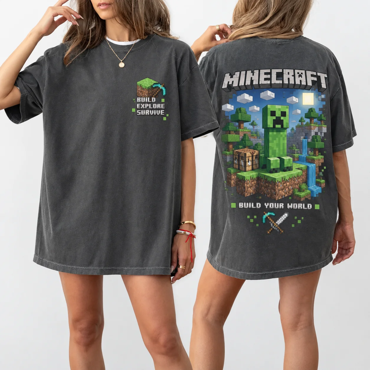 Minecraft Creeper Game Pixel Build Survive Tee Men's Women's Retro Edgy Cool Graphic Print Oversized Short Sleeve Streetwear Top