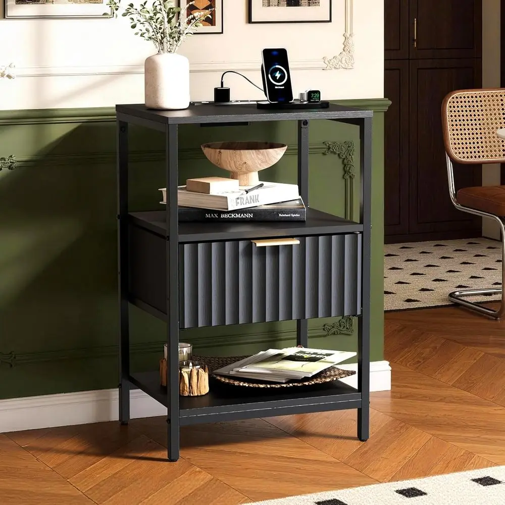 

Charging Station Nightstand, Fabric-Upholstered End Table, Storage Shelf Nightstand with Handle, Versatile Side Table for Bedroo