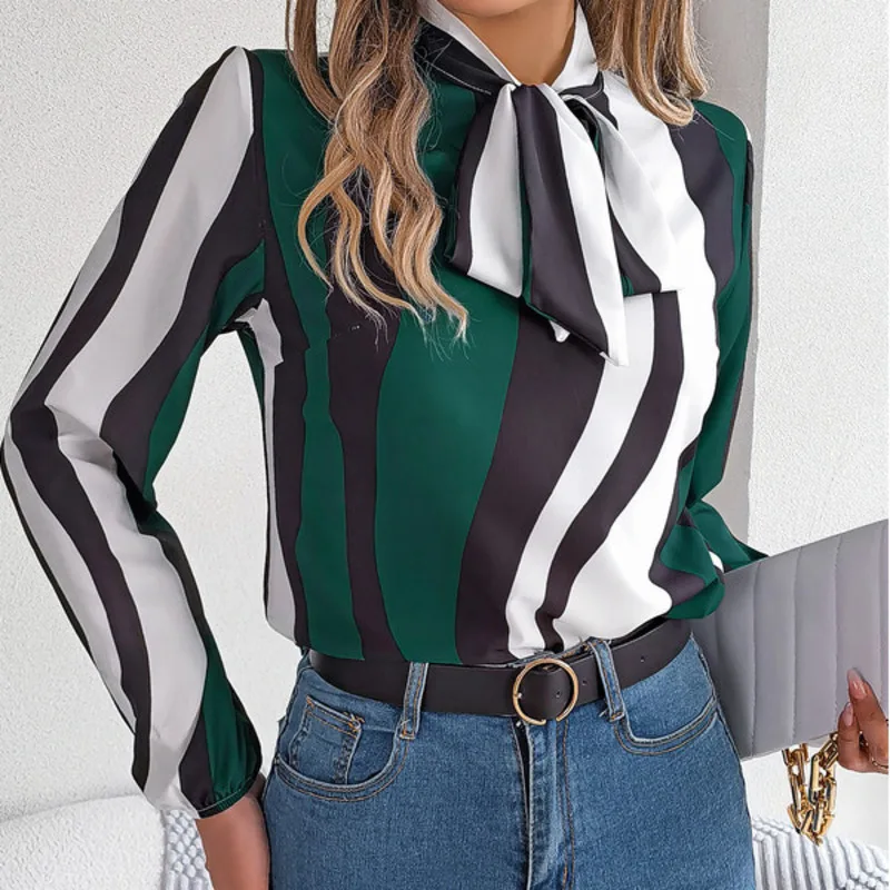 Spring Summer New Temperament Color Contrast Striped with Lantern Sleeve Chiffon Shirt on Street Casual Style Suit Shirt Blouse