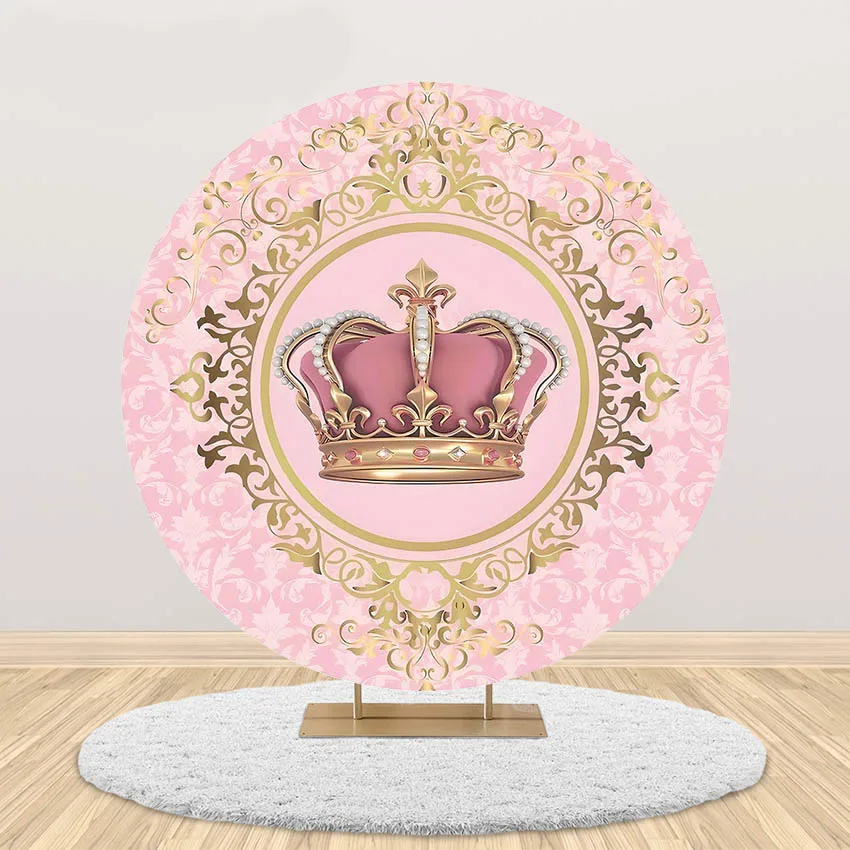 Mehofond Pink Crown Round Backdrop Girl 1st Birthday Backdrop Baby Shower Little Princess Circle Cover Elastic Decoration Props