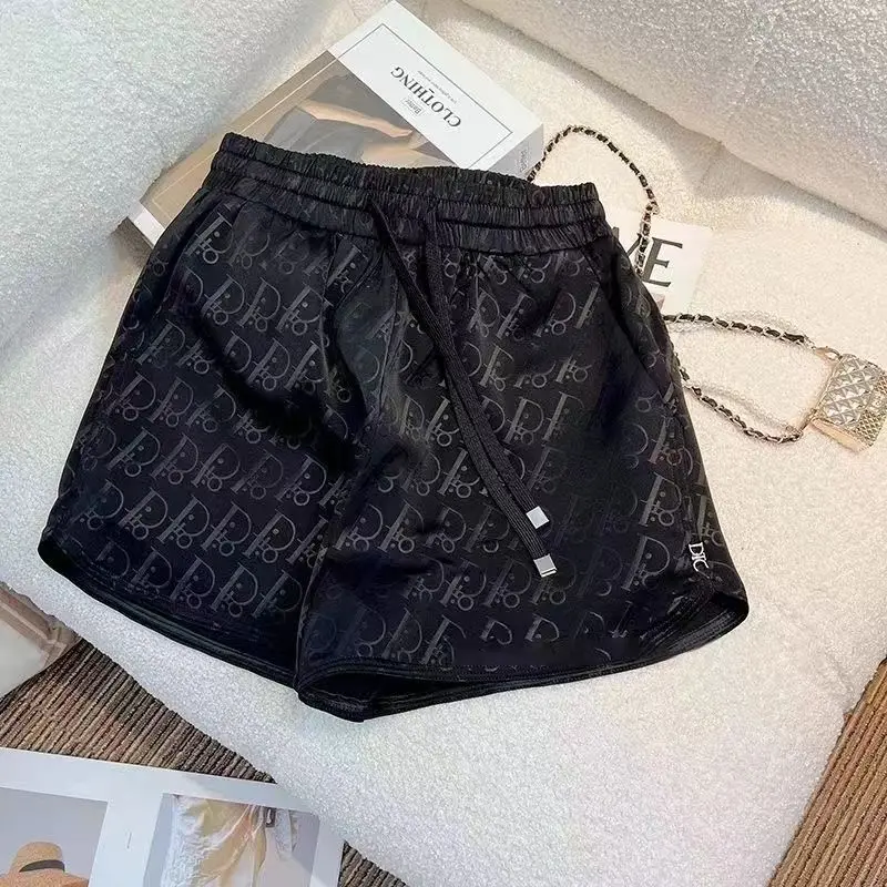 2025 Summer New Korean Fashion Printing Satin Wide Leg Pants Female Trend Letter Drawstring Athleisure Elastic Waist Shorts
